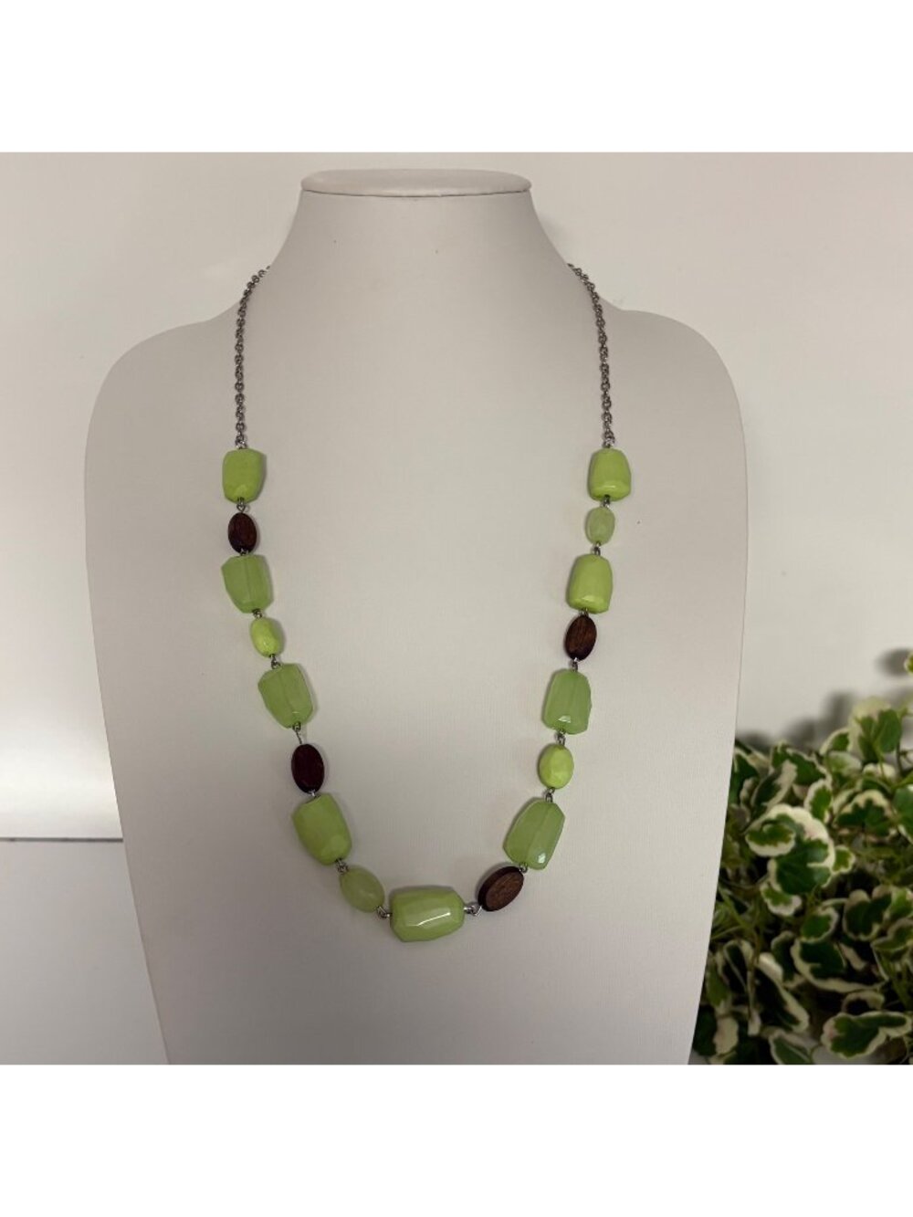 Green Beaded Long Necklace Mixed Acrylic Wood Silver Tone Chain Boho Earthy Chic